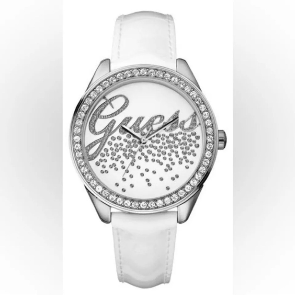 Guess Party Girl Quartz Watch White Leather Silver Bezel with Swarovski crystals